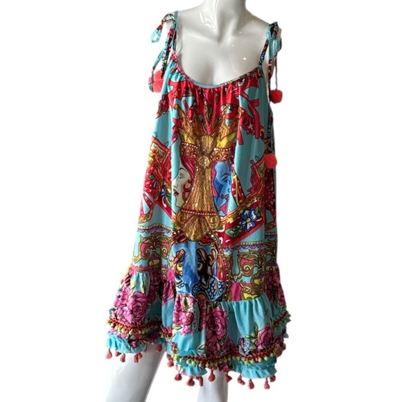 Antica Sartoria by Giacomo Cirque Baroque Blue Multi Pom Pom & Tassel Dress OS - Picture 10 of 12